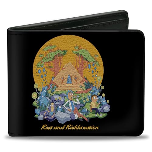 Buckle-Down Men's Rick and Morty Wallet, Bifold, Rest and Ricklaxation Group Pose Black, Vegan Leather, 4.0