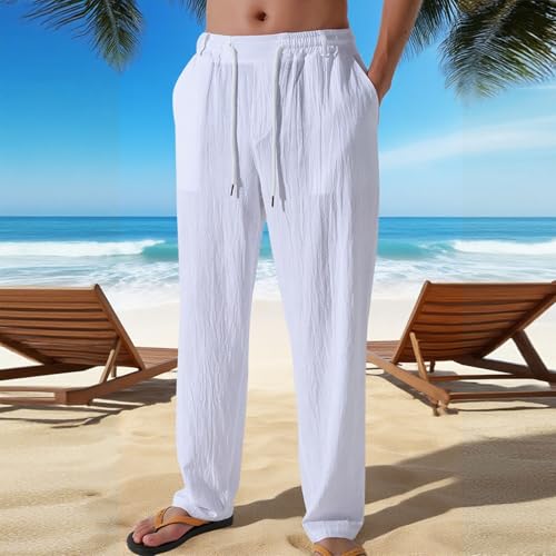 Xiaojmake Mens Cotton Linen Pants Summer Spring Beach Trousers Casual Loose Fit Elastic Waist Drawstring Fall Gauze Long Pant3
