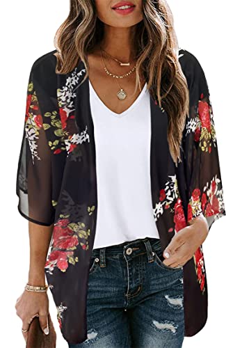 florynova Kimono da donna, cardigan estivo, vestibilità ampia, copricostume da spiaggia con stampa floreale, Floreale nero, S