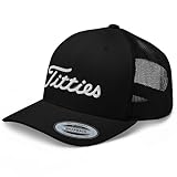 RIVEMUG Titties Trucker Hat 3D Embroidery Curved Bill Mid Crown Adjustable Golf Funny Parody Cap Black