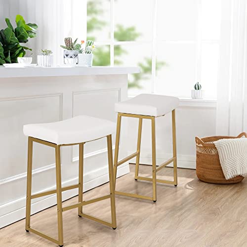 Alpha Home 24" Bar Stools Counter Height Set Of 2, Pu Leather Saddle Stool With Metal Legs Modern Dining Chairs For Kitchen Island, White #TOP6