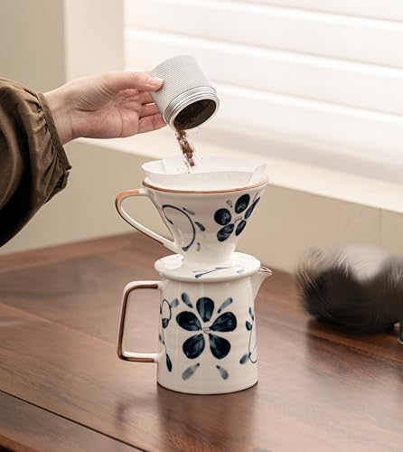 Image of Pour Over Coffee Maker,Ceramic Coffee Maker With 40 pcs Paper Filter,15oz /450ml Pour Over Coffee Dripper (Blue and white, V02)