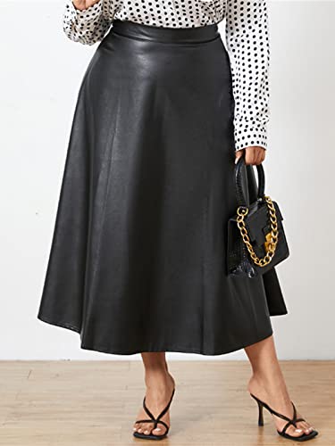 Celmia Women's Casual High Waist A-Line Leather Midi Skirt Flared Shiny Skater Skirt Black Small #TOP3