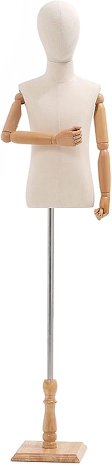 Child Mannequin Dress Form with Wooden Arms & Base, Adjustable Height Unisex Kids Torso Display Stand(Rectangle Base,6 Years Old)