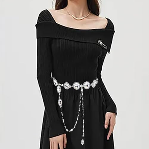EVKILKJS Western Chain Belt for Women Sliver Cowgirl Metal Round Waist Chain Belt for Dresses Bridal Wedding Country Concert Outfit Bling Rhinestone Chain Belts4