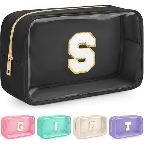 WELIDAY Initial Clear Makeup Bag, Birthday Gift Chenille Patch Cosmetic Bag