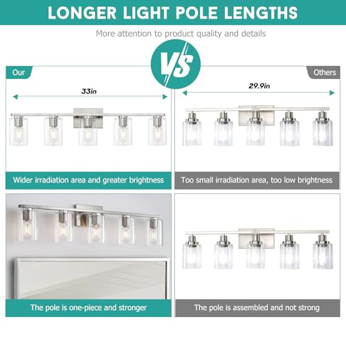 Image of Modern Bathroom Light Fixtures, 5-Light Vanity Lights with Clear Glass Shade for Hallway Kitchen Bedroom Living Room (Brushed Nickel, 5-Light)