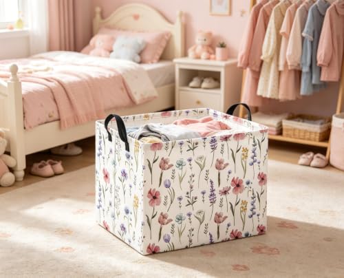 Image of Rectangular Baby Kids Storage Basket for Home Kitchen Girls Cute Toy Storage Bin Organizer Shelf Book Room Decor(Flower)