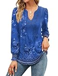 EFFAN Ladies Tops V Neck Long Sleeve Elegant Floaty Floral Printed Holiday Shirt Casual Xmas Floaty Tunic Blouse, Floral Dark Blue XL (UK 18-20)
