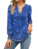 EFFAN Womens Tops V Neck Elegant Long Sleeve Casual T Shirts Xmas Pleated Puff Floaty Floral Printed Tunic Blouse, Floral Dark Blue M (UK 12-14)