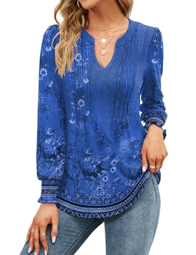 EFFAN Ladies Tops Elegant V Neck Long Sleeve Casual T Shirts Pleated Puff Floaty Floral Printed Tunic Blouse, Floral Dark Blue S (UK 8-10)