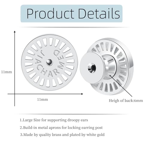 Earring Backs for Droopy Ears, 4PCS Sturdy Cycle Shape Earrings Lifter Backs Replacements for Studs Large Flat Backings for Heavy Earings Locking Support Backers for Strected Earlobe,White Gold by JIACHARMED - Image 6