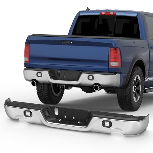 KUIPERAUTO Chrome Rear Bumper Assembly w/LED Square Light Compatible for 2009-18 Dodge Ram 1500 2500 3500/2019-2023 Ram 1500 Classic no Sensor Holes + w/Dual Exh Holes Steel Back Bumpers by KUIPERAUTO - Used condition - US$94.04