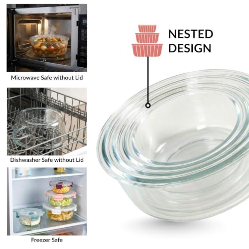 Image of Nestasia Round Stackable Glass Container with Lid Set of 4 (390ml, 630ml, 960ml, 1.4L) - Airtight Food Container with Air Vent for Kitchen | Dishwasher & Microwave Safe Container for Fridge Storage