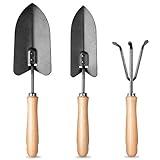MOSFiATA Gardening Tools Set, 3 Pcs Garden Tools Set, High Carbon Steel Heavy Duty Gardening Tools Kit Includes Hand Trowel, Transplant Trowel and Cultivator Hand Rake, Gardening Gifts for Women Men