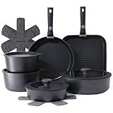 17-Piece Cookware Set Includes - 1.5QT Sauce Pan, 2.8QT Sauce Pan, 8 inch Frying Pan, 10 inch Frying Pan, 10 inch(4QT) Saute Pan, 10 inch Grill Pan, Removable Handle*2, 8 inch Glass Lid, 10 inch Glass Lid, Pot Protector*5, Fridge Storage Lid*2 Easy S...