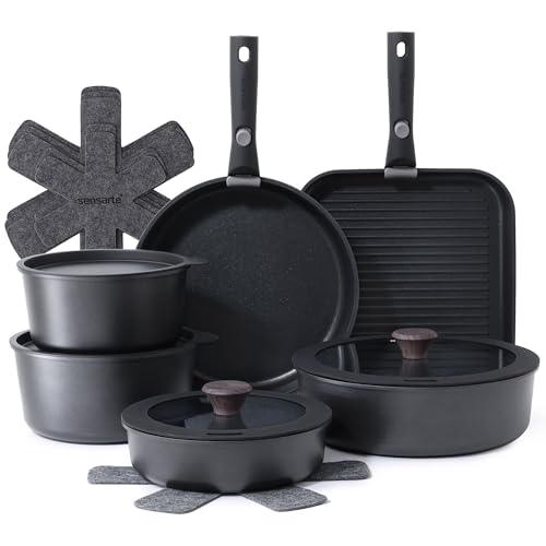 SENSARTE 17 Piece Pots and Pans Set, Nonstick Detachable Handle Cookware Set, Induction Kitchen Cookware Set with Removable Handle, Healthy Non Stick for RV, Dishwasher & Oven Safe, PFOA Free (Black) by SENSARTE - Used condition - US$91.98