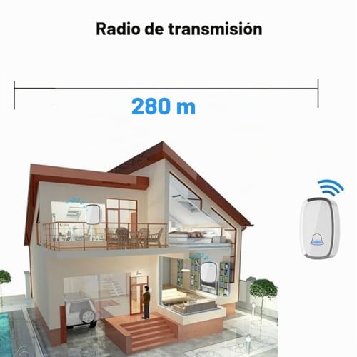 Miniatura 3 de Yyq Timbre Inalámbrico Exterior Impermeable Ip44, Timbre Para Puerta Largo Alcance De 300m, Indicador Led, 1 Transmisor Y 2 Receptores, 5 Niveles De Volumen Ajustable, 36 Melodías