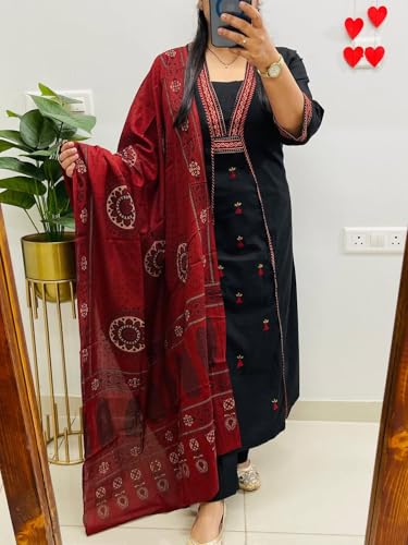 Image of ANNI Designer Navy Blue Pure Cotton A-Line Kurta Pant Dupatta Set for Women | Embroidery 3 Piece Suit with Straight Pants & Matching Dupatta | Festive Office Ethnic Wear
