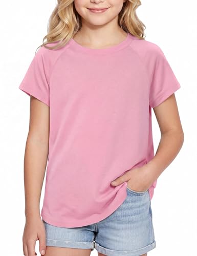 Image of Leversic Girls Summer T Shirts Raglan Short Sleeve Kids Tops Round Neck Plain Color Basic Tee Pink,14 Years,160