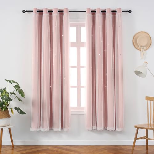 Image of Light Pink Blackout Curtain for Girls Room 72 Inches Long Cute Star Cutout | Nursery Double Layer Curtains & Drapes Tulle Lace Sheer Single Panel Thermal Insulate Bedroom Window Treatments Cortina Blush