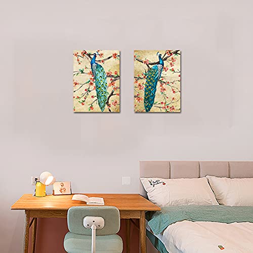 Retro Blue Peacocks Standing On Peach Blossom Tree Canvas Art Painting Elegant Animal For Home Office Wall Decor 2 Panels (12X16Inch, Framed) #TOP7