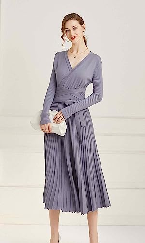 Image of Women's Long Sleeve Sweater Dress Ankle Length Fall Dress Vneck Knit Winter Dress