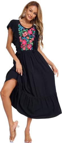 Image of Women's Summer Maxi Dress Casual Floral Embroidered Round Neck Short Sleeve Ruffle Tiered Dress Flowy Boho Beach Sundress