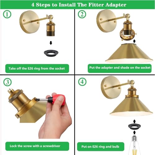 Youjiayouni HOLDER-BRASS-1 Uno-Type Lamp Shade Holder 2 1/4 Inch Lamp Shade Adapter Ring,Glass Lamp Shade 2 1/4 Inch Fitter, Screw-On Lamp Shade Holder Replacement,Hardware For Replace E26/E27 Socket Lampshade,Brass thumb #4