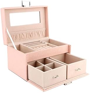 Portable PU Leather Jewelry Storage Box, Lock and Mirror Lockable Travel Jewelry Organizer Gift for Women(Powder + blue) 20 x 13.5 x 12.2cm