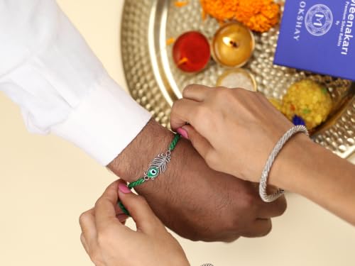 Image of Meenakari Heriatge Jewellery 925 Sterling Silver Morpankh (Peacock feather) Radha Krishna Rakhi Set For Men /Boys /women /Unisex With Roli Chawal, Rakshabandhan greeting Card and Authenticity certificate
