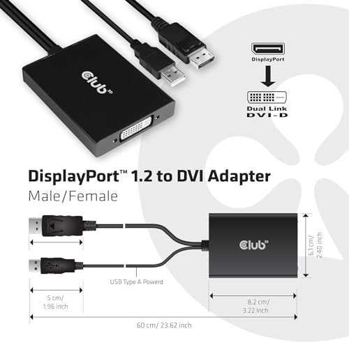 Club 3D CAC-1010 DisplayPort to DVI Dual-Link DVI-D Active Adapter for Your Monitor/Display USB A Powered 2560x1600 Resolution HDCP Supported NOT for Cinema Monitors Black