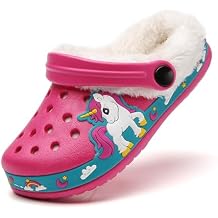 SECHRITE Kids Fur Lined Clogs Garden Shoes for Boys Girls Toddler Cartoon Sandals with Removable Fleece Lined Winter Warm Indoor Outdoor Home Slippers Non-Slip Sole