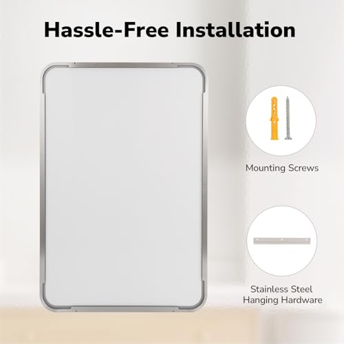 Image of USHOWER Brushed Nickel Bathroom Mirror 22 inchx30 inch, Silver Rectangle Mirror for Over Sink, Rounded Corner, Aluminum Frame, Anti-Rust, Tempered Glass, Horizontal or Vertical Mounted