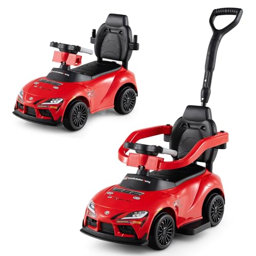 Image of COSTWAY 3 in 1 Ride on Push Car, Licensed Toyota Stroller Sliding Walking Car with Handle, Music, Safety Guardrail & Under-Seat Storage, Toddler Foot to Floor Slider for Boys Girls 1.5-5 Years (Red)
