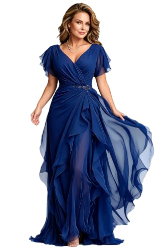 Short Sleeve Mother of The Bride Dress for Wedding Ruffle Chiffon V Neck