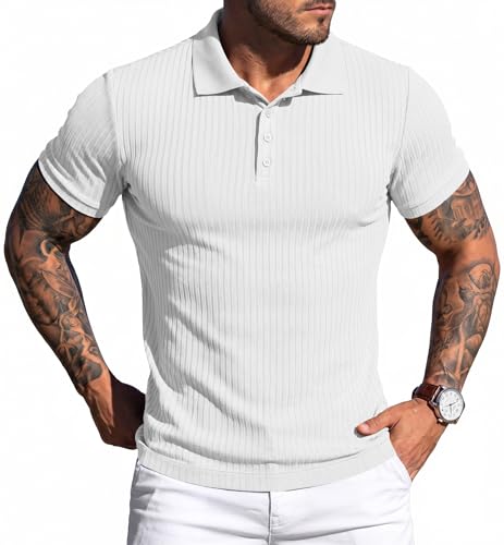 COOFANDY Men's Dress Sweater Short Sleeve Textured Sweaters Slim Fit Casual Summer Kint Sweater White