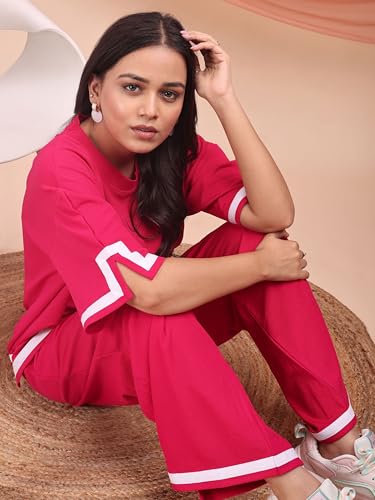 Image of ELLITI Women's Co-ord Set, Down Short Sleeve Top and Wide Leg Trousers with White Trim