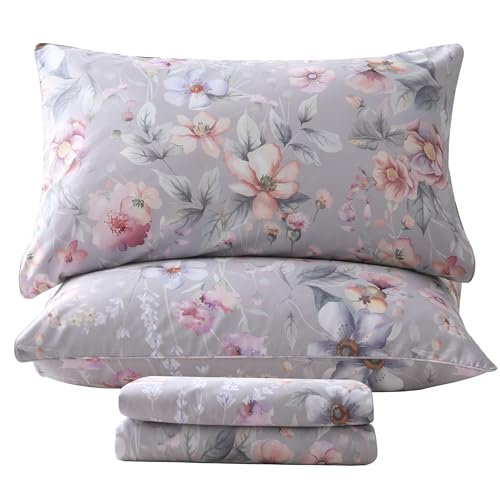 QSH Gray Floral Sheets Queen Size，Egyptian Cotton Sheets Queen Size Set Luxury Silk Feel Flowers Botanical Pattern Printed Bedding Sheet Extra Soft and Breathable 17.5" Deep Pockets Bed Sheet 4pcs