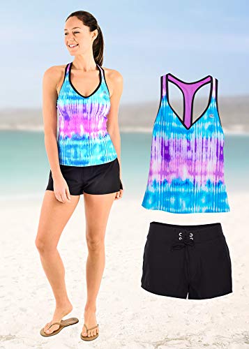 ZeroXposur Womens Tankini Swimsuits Racerback Top Full Coverage Action Shorts with Back Pocket Set (X-Small, Acai)