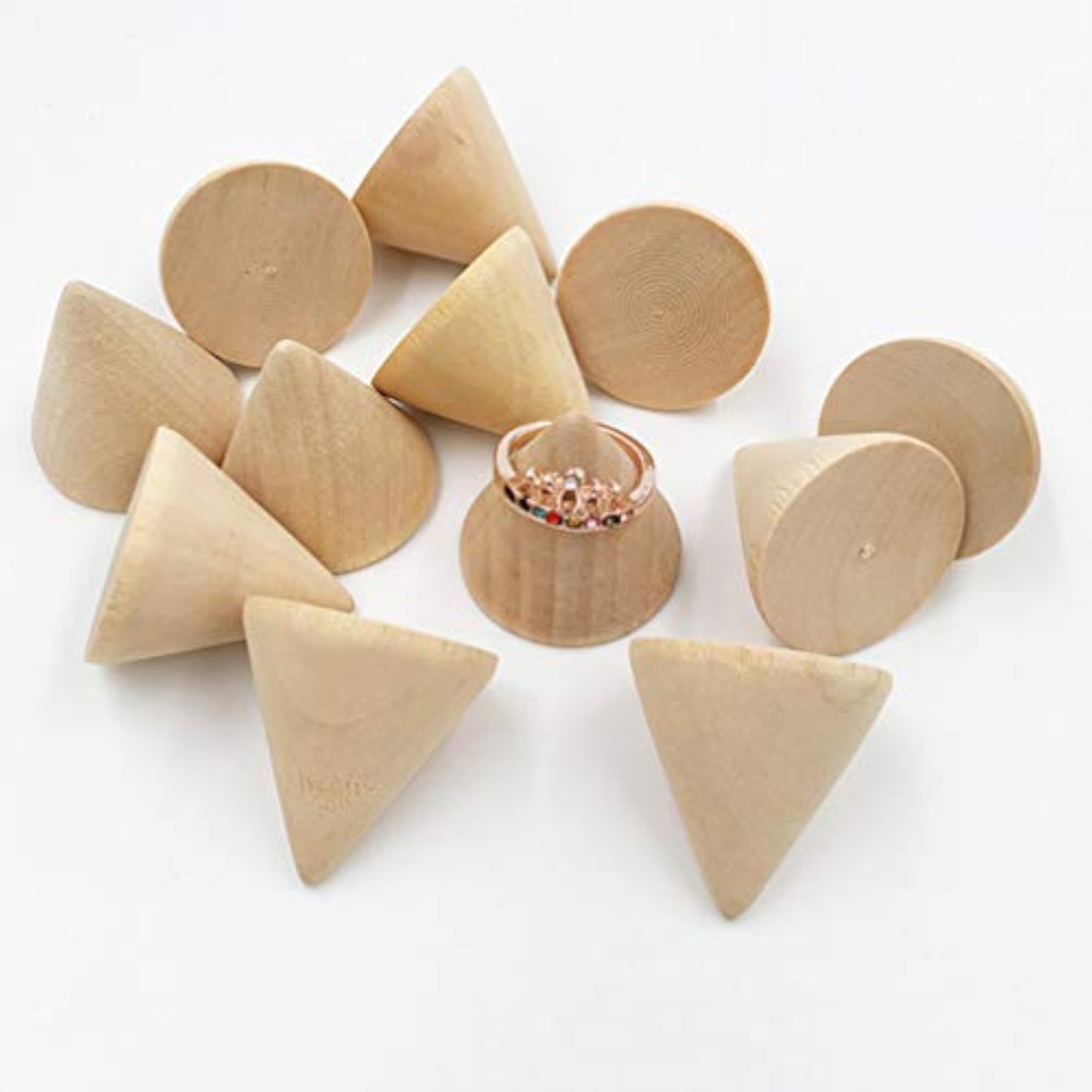 10pcs Unpainted Wooden Cones Ring Holder Display Stand, DIY Craft
