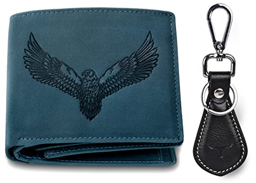 URBAN FOREST Zeus Vintage Blue Leather Wallet & Premium Doghook Keychain Set for Men