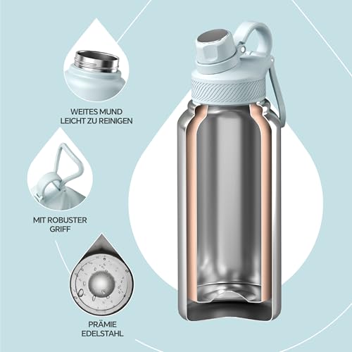 Ideus Vakuumisolierte Wasserflasche, 950 ml Edelstahl Doppelwand Flasche Metall Sport Kantine mit auslaufsicherem Schraubverschluss – Ansicht 3