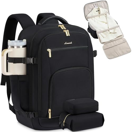 Image of LOVEVOOK Travel Backpack for Women, 50L Carry On Backpack Flight Approved with Garment Bag, TSA Personal Item Travel Bag Fit 17 Inch Laptop, Business Weekender Waterproof Daypack With 2 Cubes, Black