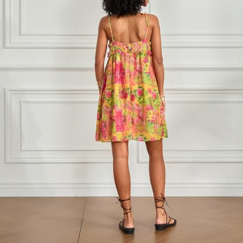 Image of Women Boho Floral Mini Cami Dress Spaghetti Strap Flowy Sling Dress Graphic Backless Summer Holiday Sundress