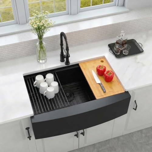 MONSINTA 33 Inch Black Farmhouse Sink, Large Kitchen Sink, 12 Gauge Workstation Ledge Sink, Deep Single Bowl Kitchen Sink, Stain