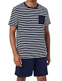 Bresdk Pijamas Homme Coton Court Ensembles de Pyjamas Été Pyjama Vêtements De Détente Ensemble Deux Pièces Rayé Confortable Doux Bleu Marine XL
