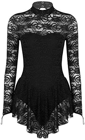 ACSUSS Women's Turtle Neck Lace Figure Ice Skating Roller Skating Ballet Dance Leotard Dress Costume Black Medium