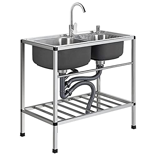 Évier double bac en acier inoxydable avec support et robinet individuel pour bar et extérieur