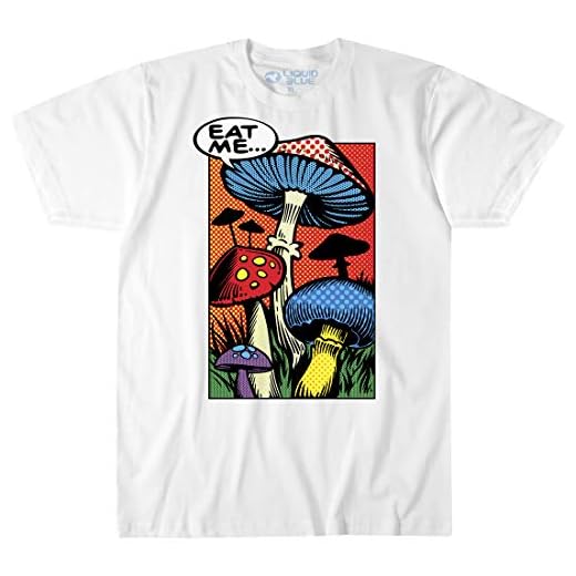 Liquid Blue unisex adult Eat Me Pop Art Mushrooms T-shirt T Shirt, White, Medium US